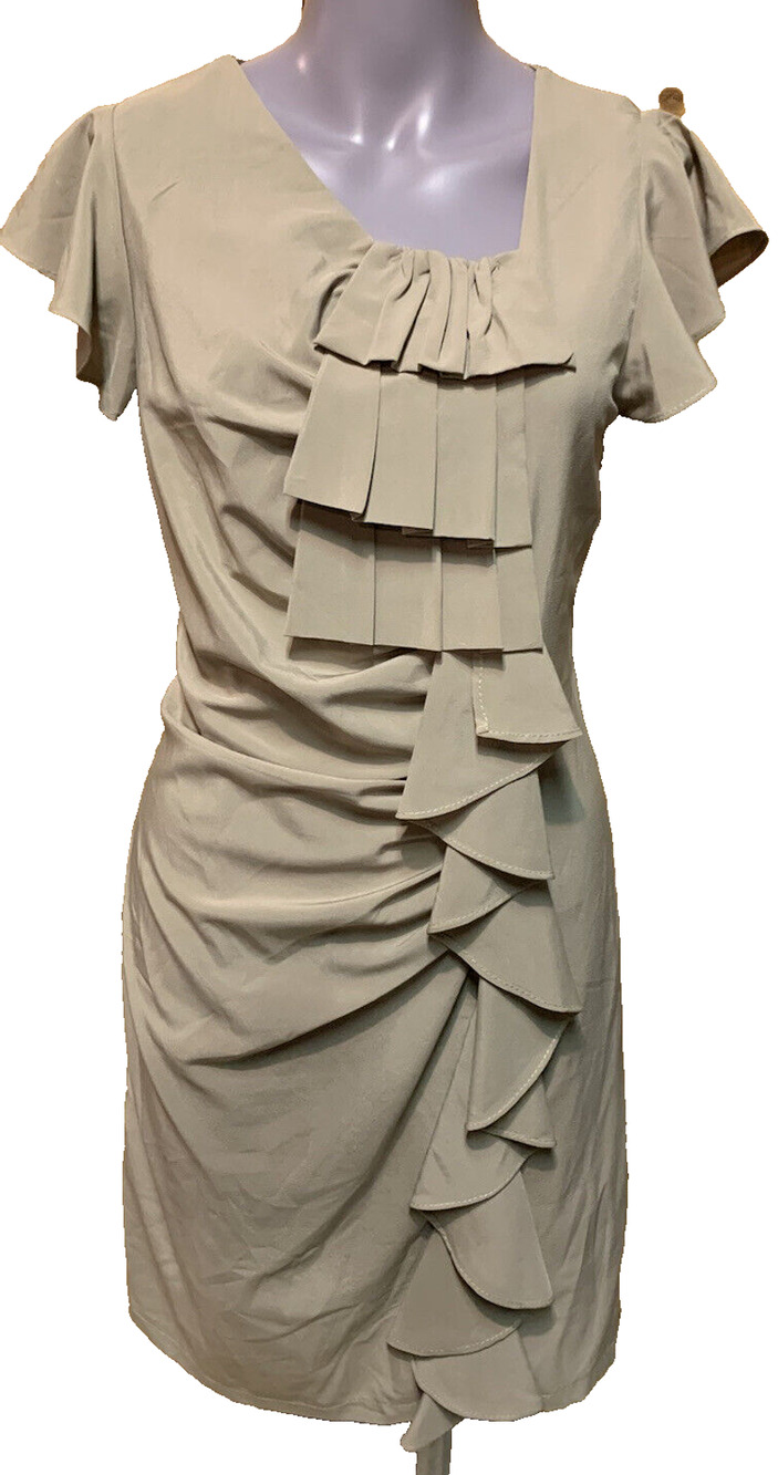 ICU Minimalist Silky Dress Size Medium Ruffles Flutter Sleeves Office Slimming